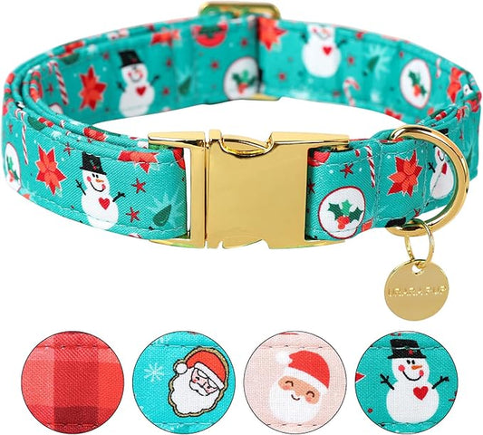 Christmas Dog Collar, Cotton Christmas Collar for Puppy Girl Dog or Cat, Green Dog Collar Flower with Durable Metal Buckle, Christmas Snowman Gift Pet Collar, M