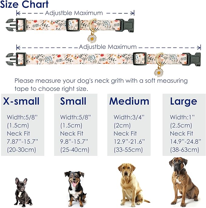 Cute Dog Collar Beige Flower Pattern for Boys and Girls Holiday Dog Collars Summer Fall Gift Adjustable for Small to Medium Breed Dogs (XS)