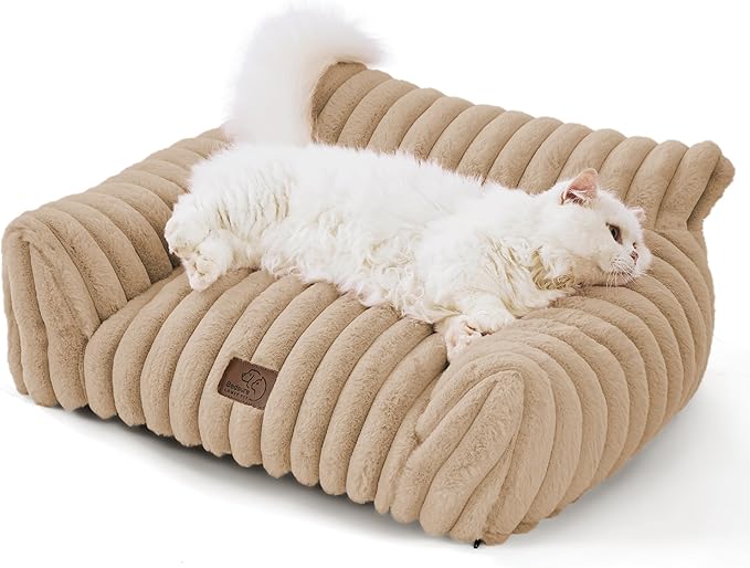Bedsure Cute Couch for Pets - Fluffy Cat Sofa with Premium Soft Corduroy Fleece, Fuzzy Couch Bed with Removable Washable Cover, Supportive Cat Chair, 24in, Tuscan Beige