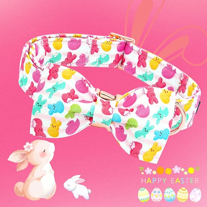 Lionheart glory Dog Bow Collar Easter Day Dog Collar for Small Dogs,Easter Rabbits Colorful Dog Collars with Bowtie Spring Bunnies Blue Collars Pet Collar Bows
