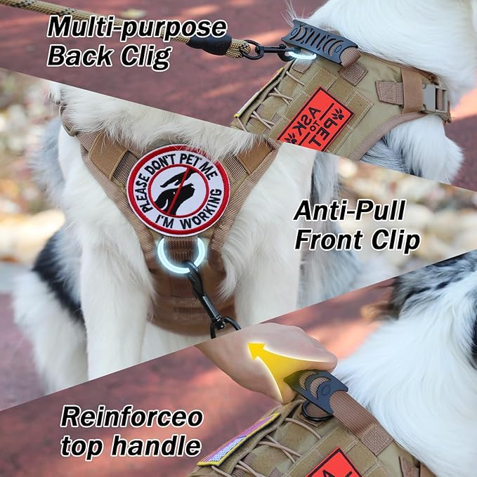 No Pull Tactical Dog Harness for Large Dogs, Escape Proof Molle Dog Vest Harness and Leash Set, Adjustable Military Service Dog Harness with Handle for Medium Large Dogs(Brown,L)