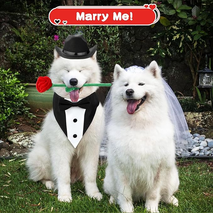 Valentine's Day Dog Costume Dog Cowboy Hat Formal Dog Tuxedo Bandanas and Rose Gift, Medium Large Dog Valentines Day Outfit with Pet Cowboy Hat and Adjustable Dog Wedding Tuxedo