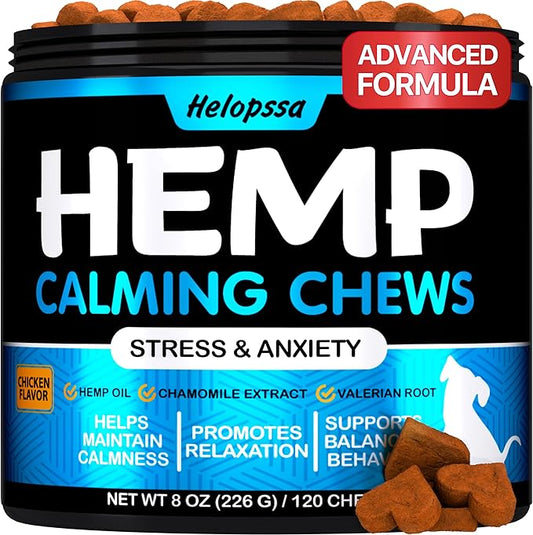 Hemp Calming Chews for Dogs with Anxiety and Stress - Anxiety Relief Chews for Storms, Fireworks, Thunder, Barking, Separation - Valerian, L-Tryptophan, Hemp Oil - Chicken - 120 Dog Calming Treats