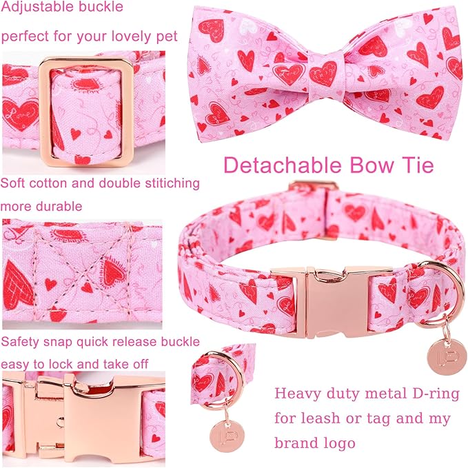 Valentine’s Dog Collar with Bow Tie, Pink Heart Bowtie Collar with Metal Buckle, Valentine’s Gift Pet Collar for Puppy Girl Boy Dog or Cat, Wedding Dog Collar, L