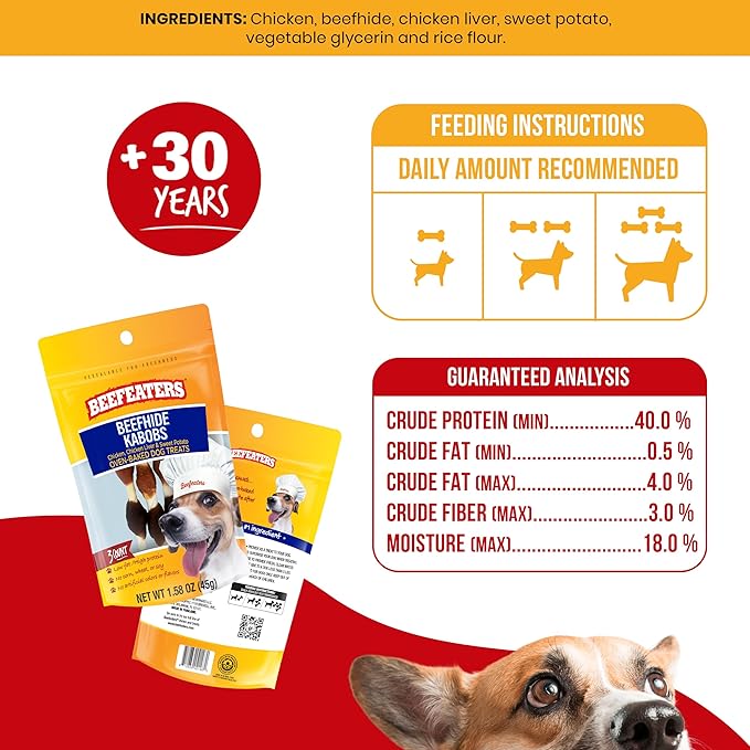 Beefeaters Beefhide Kabobs 1.58oz – (12 Pack) Dog Treat. Triple Flavor with Real Chicken, Liver & Sweet Potato, Long-Lasting Chew, Supports Dental Health, Ideal for Training