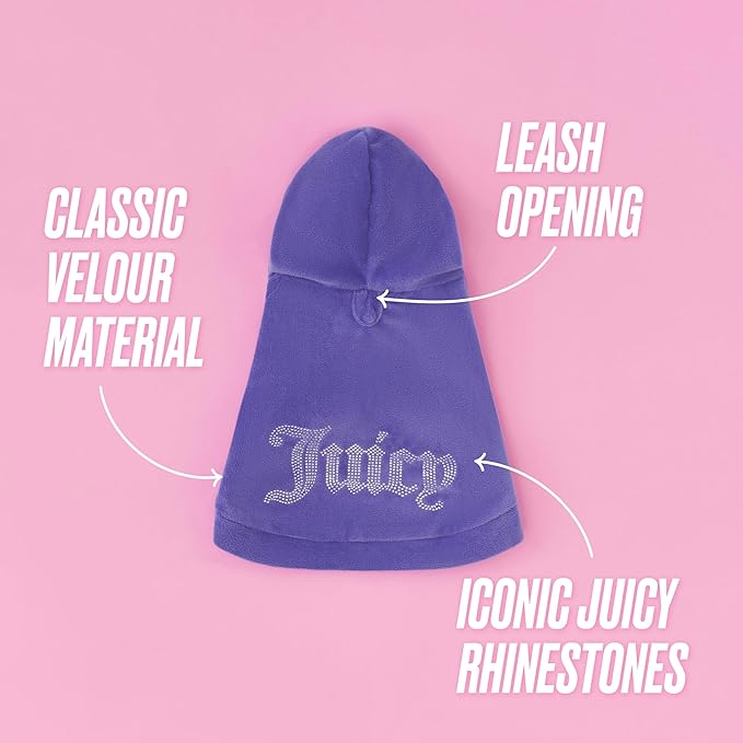 Juicy Couture Bling Velour Pet Hoodie - Royal Purple - XS/S (2-7 lbs.) - Pet Hoodies for Small Dogs or Cats