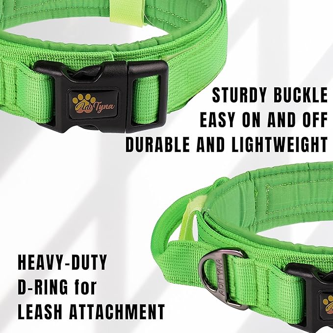ADITYNA Tactical Dog Collar for Large Dogs - Soft Padded, Heavy Duty, Service, Adjustable Military K9 Green Collar with Handle for Training and Walking
