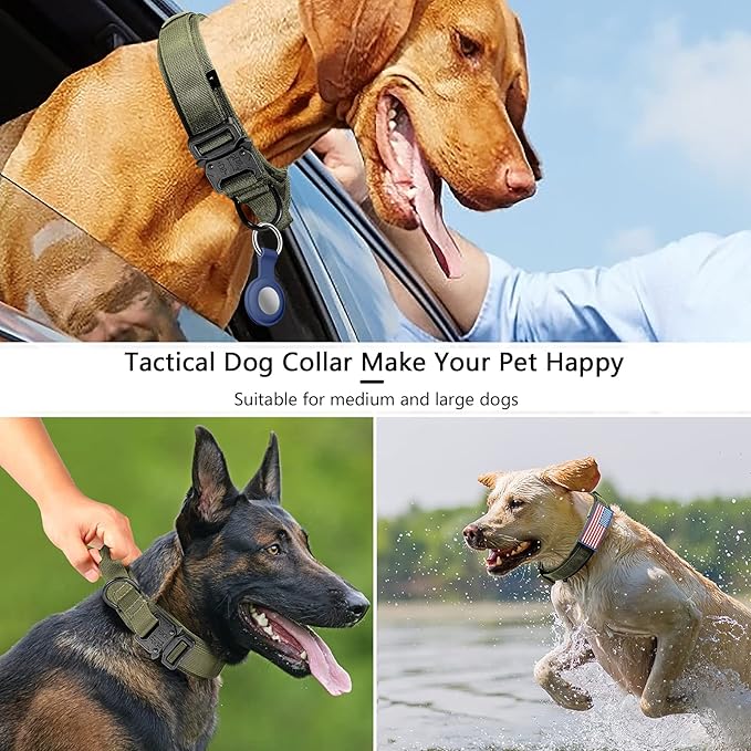 DAGANXI Tactical Dog Collar, Adjustable Military Training Nylon Dog Collar with Control Handle and Heavy Metal Buckle for Medium and Large Dogs, with Patches and Airtags Case (M, Green)