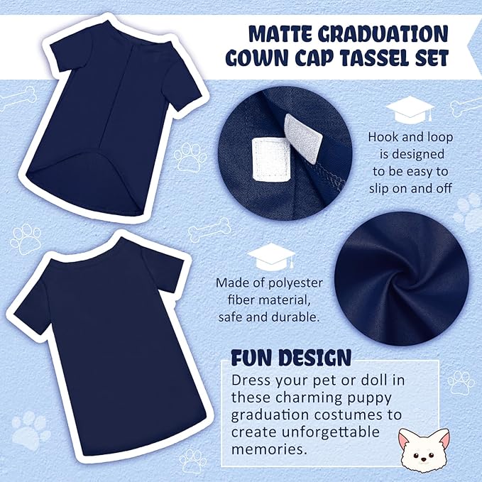 Xuniea 2 Pcs Dog Graduation Costume Set 2025 Dog Graduation Cap and Gown Puppy Hat with Tassel Matte Pet Grad Outfit Cats Grad Bear Holiday Party Costume Accessory (Navy Blue,Large)