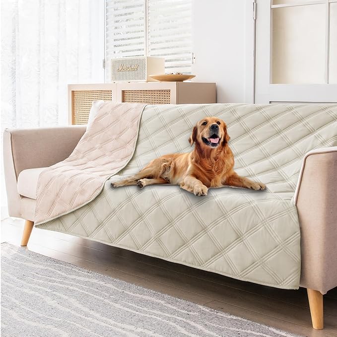 fuguitex Waterproof Dog Blanket Reversible for Small Dogs Resistant Leakproof Washable Couch Cushion Bed Protector Cover for Indoor Furniture Pet Friendly(68"*82",Baby Pink+Cream