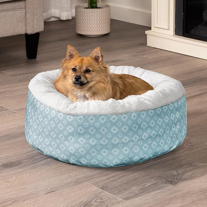 Furhaven 23" Round Donut Dog Bed for Indoor Cats & Small Dogs, Washable, For Dogs Up to 20 lbs - Plush & Diamond Print Donut Bed - Aqua, Small