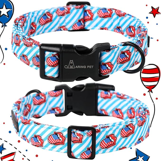 ARING PET 4th of July Dog Collar-Cotton Patriotic Dog Collar, Adjustable Tongue Print Pet Collar Puppy Collars with Quick Release Buckle for Small Medium Large Dogs