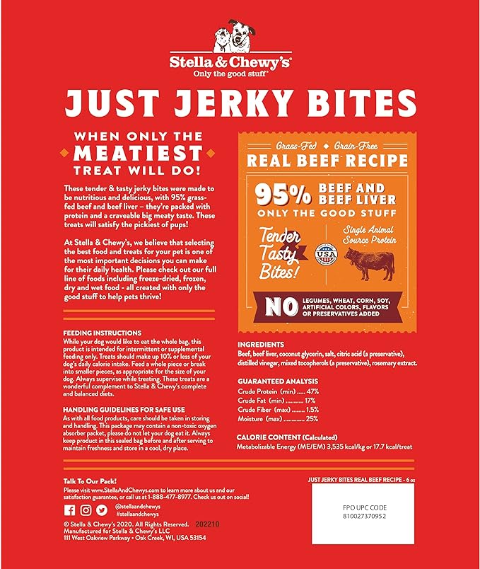 Stella & Chewy's Premium Beef Jerky Dog Treats - 95% Real Meat Bites for Sensitive Stomachs - Natural Limited Ingredient Treats for Small and Large Dogs - No Grain, Wheat or Soy - 6 oz Bag
