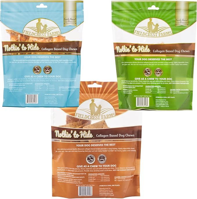 Fieldcrest Farms Nothing to Hide Natural Rawhide Alternative Flip Chips for Dogs - 3 Pack Bundle & Magnet (Chicken, Beef, Peanut Butter) Premium Easily Digestible Chews Great for Dental Health