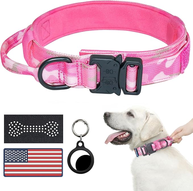 Hotsky Tactical Dog Collar, Adjustable Military Training Nylon Airtag Collar with Handle and Heavy Duty Metal Buckle for Medium Large Dogs, with Airtag Holder and Two Patches(Pink Camo,M)
