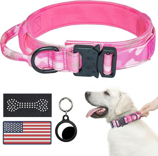 Hotsky Tactical Dog Collar, Adjustable Military Training Nylon Airtag Collar with Handle and Heavy Duty Metal Buckle for Medium Large Dogs, with Airtag Holder and Two Patches(Pink Camo,M)