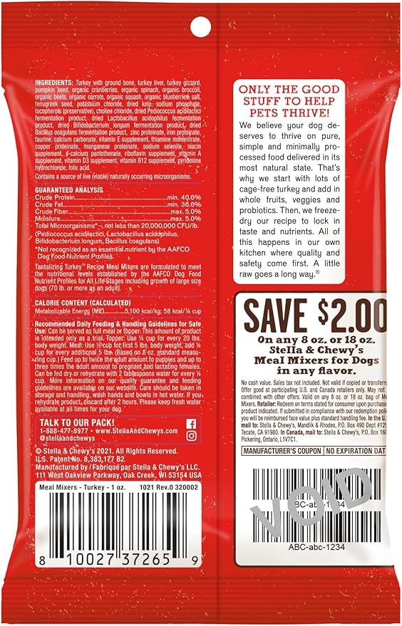 Stella & Chewy's Freeze-Dried Raw Tantalizing Turkey Meal Mixers- Dog Food Topper and Mixer - Made with 95% Cage-Free Turkey, Organs & Bone - Perfect for Picky Eaters - Grain-Free - 1 oz