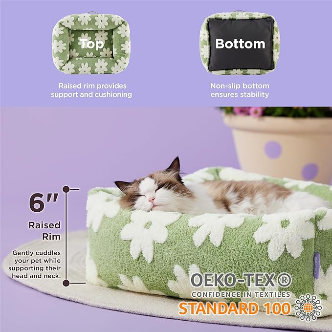 Lesure Cute Cat Beds for Indoor Cats - Washable Kitten Puppy Beds,Cozy Rectangle Orthopedic Pet Sofa with Jacquard Shaggy Plush & Anti Slip Bottom,20x19x6inches