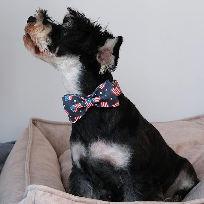 American Flag Dog Collar with Bow Tie, 4th of July Comfortable Cotton Cute Dog Collar with Metal Buckle, Patriotic Bowtie Collar for Puppy Girl Boy Dog or Cat, XS