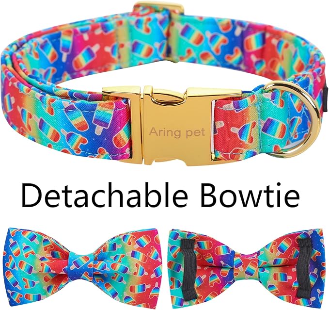 ARING PET LGBTQ Rainbow Popsicle Dog Collar with Bow, Cotton Pride Bowtie Pet Collar with Metal Buckle