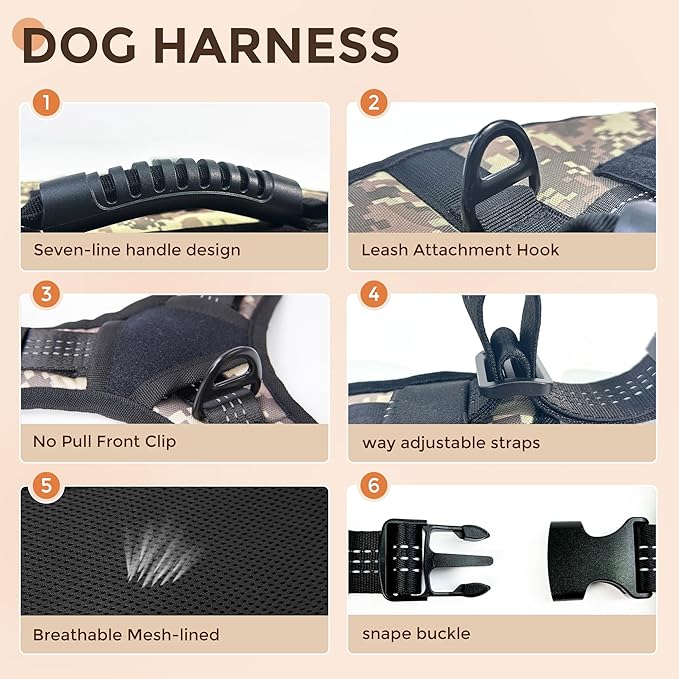 Multicam Tactical Dog Harness for Large Dogs, No Pull Adjustable Dog Harness with Water Bottle Bag and Pocket, Adjustable Reflective K9 Training Vests for Dogs for Training, Walking, Hiking L