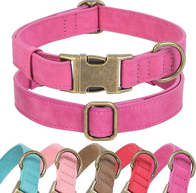 Soft Leather Dog Collar for Small Medium Large Dogs, Heavy Duty Dog Collar Leather with Quick Release Metal Buckle, Durable & Adjustable for Small Dogs Walking (Hot Pink, S)