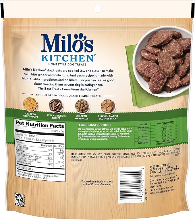 Milo's Kitchen Homestyle Dog Treats, Beef Sausage Slices, 10 Ounce, High Protein, No Artifical Flavors