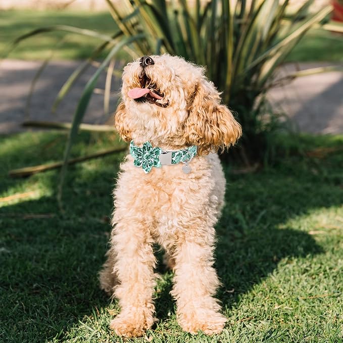 Summer Dog Collar, Comfortable Cotton Dog Collar with Flower for X-Large Dog Girl, Hawaiian Dog Collar with Metal Buckle,Green, XL