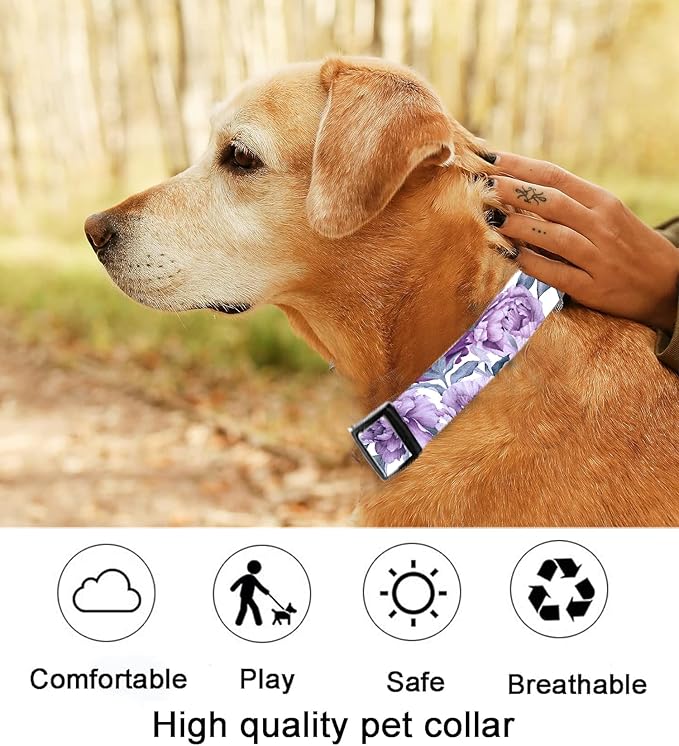 Dog Collar, Cute Dog Collar for Small Medium Large Dogs, Personalized Adjustable Soft Pet Collars with Quick Release Buckle for Walking Running, Cute Purple Floral