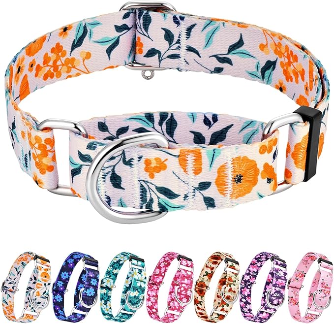 Hikiko Martingale Collar for Dogs with No Buckle Flower Dog Collars Comfortable Nylon Training Collar for Small Dogs,Retro Orange Flower,S