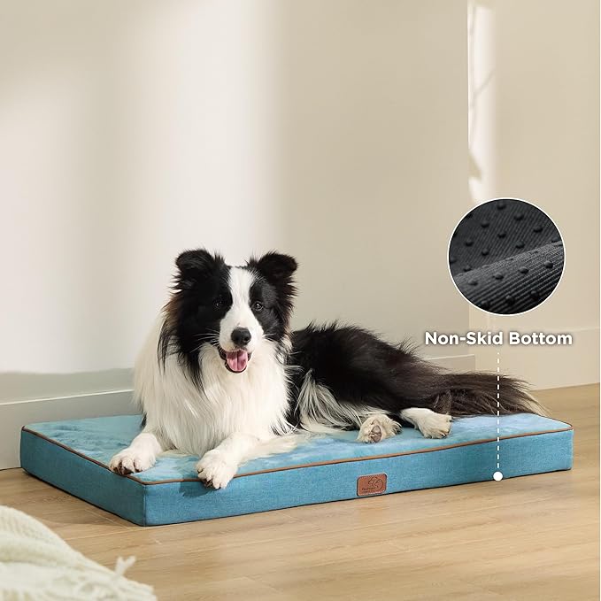 Bedsure Memory Foam Dog Bed Large Sized Dog - Orthopedic Waterproof Pet Beds for Crate with Removable Washable Water-Resistant Cover and Nonskid Bottom, Plush Flannel Fleece Top Pet Mat, Blue
