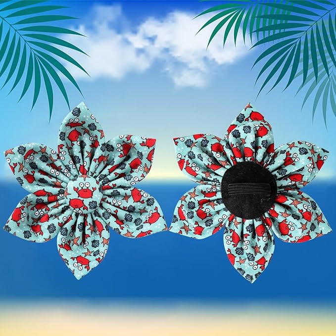 Summer Dog Collar with Flower, Lovely Crab Pattern Dog Bowtie Collar, Detachable Flower Bow Puppy Collar with Adjustable Metal Buckle for Dog and Cats, S