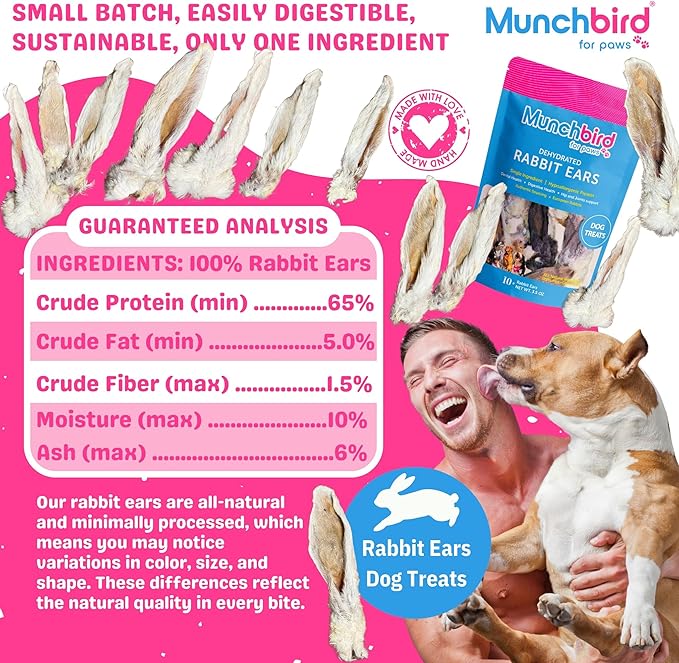Dehydrated Rabbit Ears for Dogs, Bulk, 35-45 Pieces, 10.5 oz, Natural Fiber