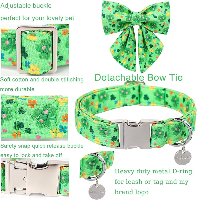 St. Patrick's Dog Collar with Bow Tie, Cotton St. Patrick's Bowtie Collar for Girl Boy Dog, Lucky Shamrock Dog Collar with Metal Buckle, Green, Spring, XS