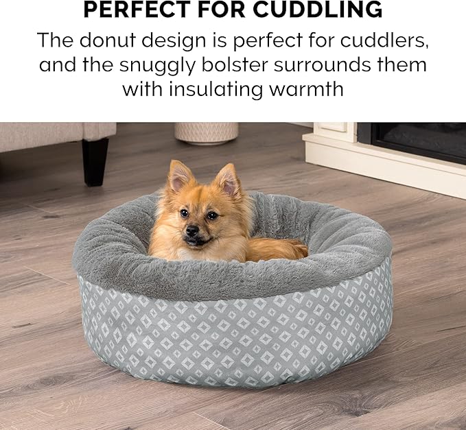 Furhaven 23" Round Donut Dog Bed for Indoor Cats & Small Dogs, Washable, For Dogs Up to 20 lbs - Plush & Diamond Print Donut Bed - Gray, Small