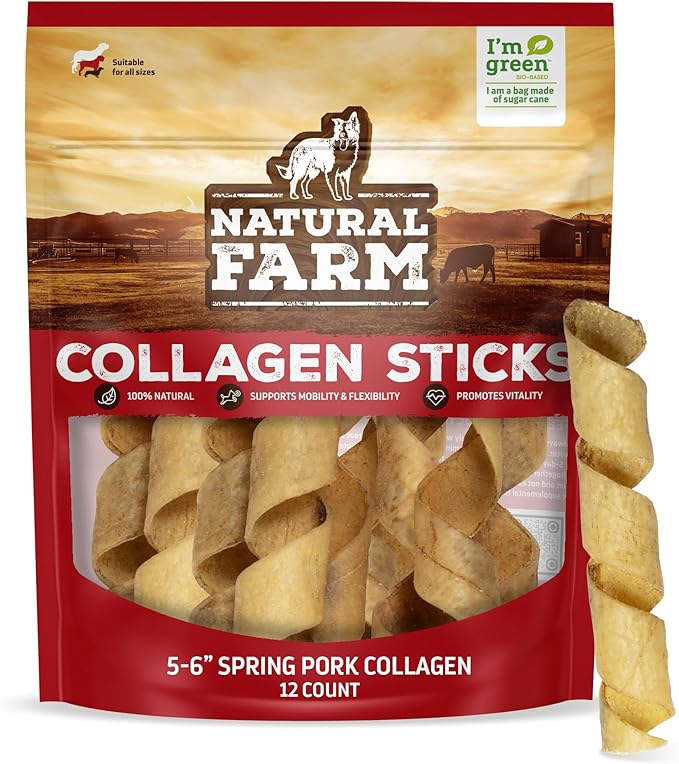 Natural Farm Curly Pork Collagen Sticks (5-6 Inch, 12 Pack), Fully Digestible & Natural Dog Chews, Flavorful & Long Lasting, Best for Small & Medium Chewers, Odor-Free Rawhide Alternative