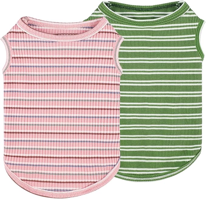 2Pack Dog Shirts for Small Dogs Girl Boy Striped Dog Shirt Vest Soft Stretchy Puppy Clothes Sleeveless Colorful Sweatshirt Small Puppy Outfit for Chihuahua Yorkie, Pink+Green, L