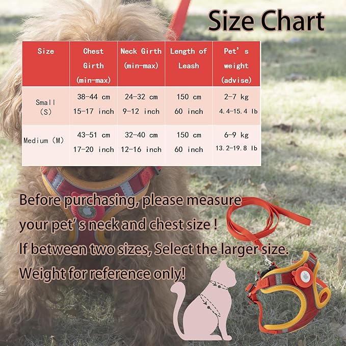 Airtag Cat Harness and Leash Set - Soft Nylon, Adjustable, Escape Proof, Reflective (Red, Medium)