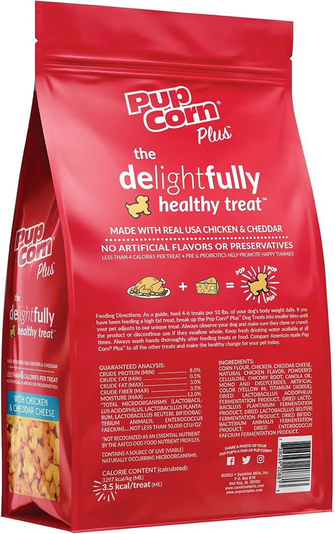 Pup Corn Plus - Puffed Dog Treats with Prebiotics and Probiotics - Chicken & Cheddar Cheese (16oz) - Made in USA