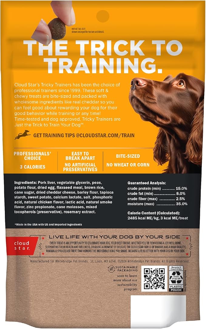 Cloud Star Tricky Trainers Soft & Chewy Dog Training Treats 5 oz Pouch, Cheddar Flavor, Low Calorie Behavior Aid with 130 treats