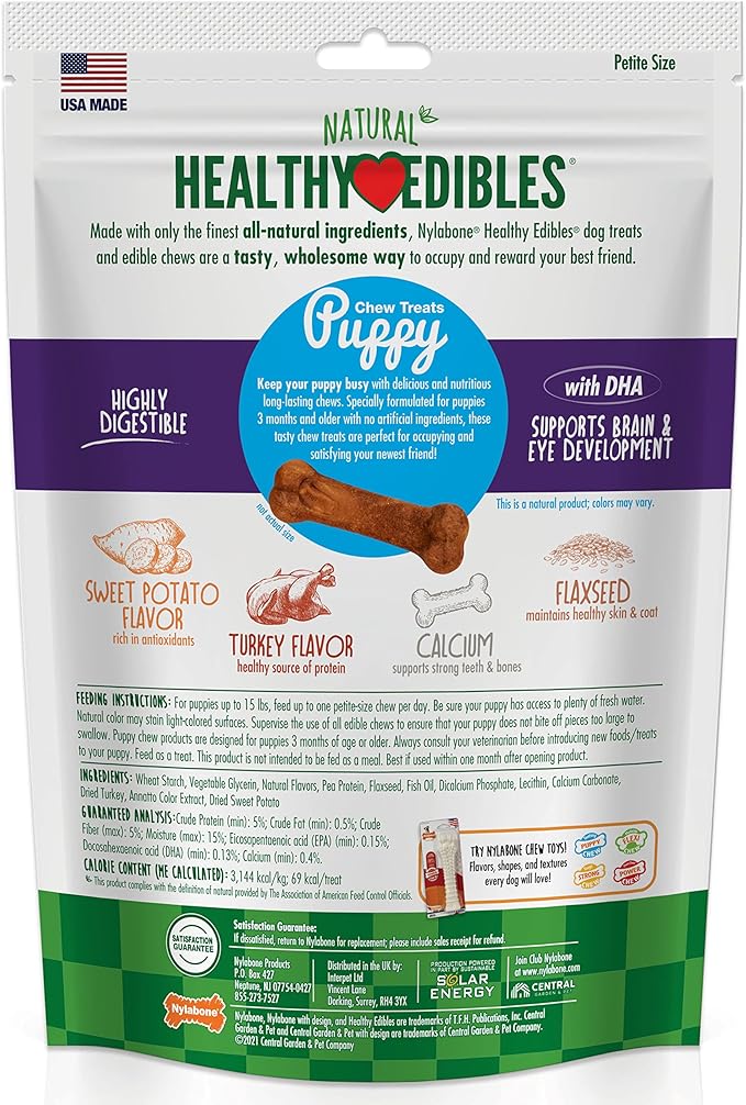 Nylabone Healthy Edibles Natural Puppy Chews Long Lasting Treats for Puppies, Turkey & Sweet Potato Flavor, X-Small/Petite (16 Count)
