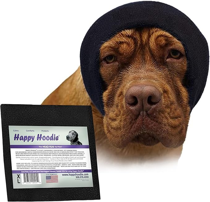Happy Hoodie The Original Dog & Cat Calming Band, Anxiety Relief/Noise Protection-Grooming-Thunder-Fireworks (X-Large, Black)