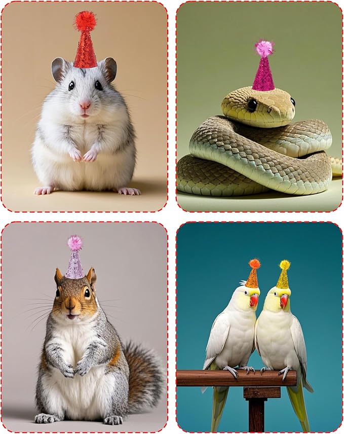 PET SHOW 10 Pack Hamster Hats Tiny Hats for Snakes Hedgehog Lizard Reptile Mini Animal Figure Hats with Tinsel Pom Adjustable Headband Guinea Pig Chicken Bird Small Pet Birthday Party Accessories