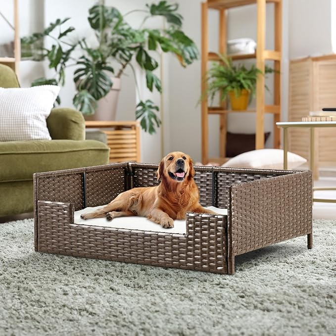 YITAHOME Rattan Dog Sofa Bed with Cushion,Wicker Pet Bed Sofa Couch Indoor Outdoor Water Resistant for Large Medium Small Dogs Cats (38.6''L*26.4''W*15''H,Beige)