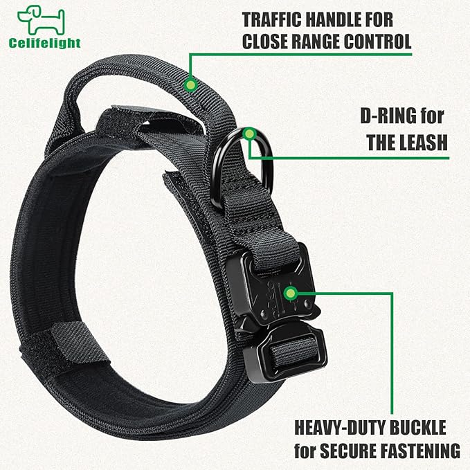 Tactical Military Collar - Adjustable Nylon, Heavy Duty Metal Buckle with Handle for Dog Training, with Patches (L, Black)