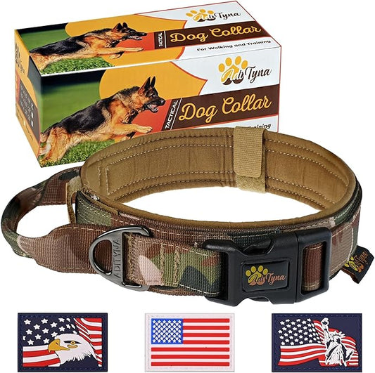 ADITYNA Tactical Dog Collar for Medium Dogs - Soft Padded, Heavy Duty, Service, Adjustable, Military, K9 Camo Medium Collar with Handle for Training and Walking