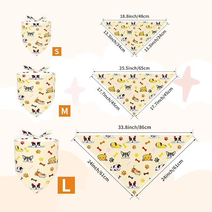 60 Pcs Paw Print Dog Bandanas 3 Sizes Dog Bandanas Bulk for Small Medium Large Dog Cats Adjustable Scarves Daily Party Grooming S M L