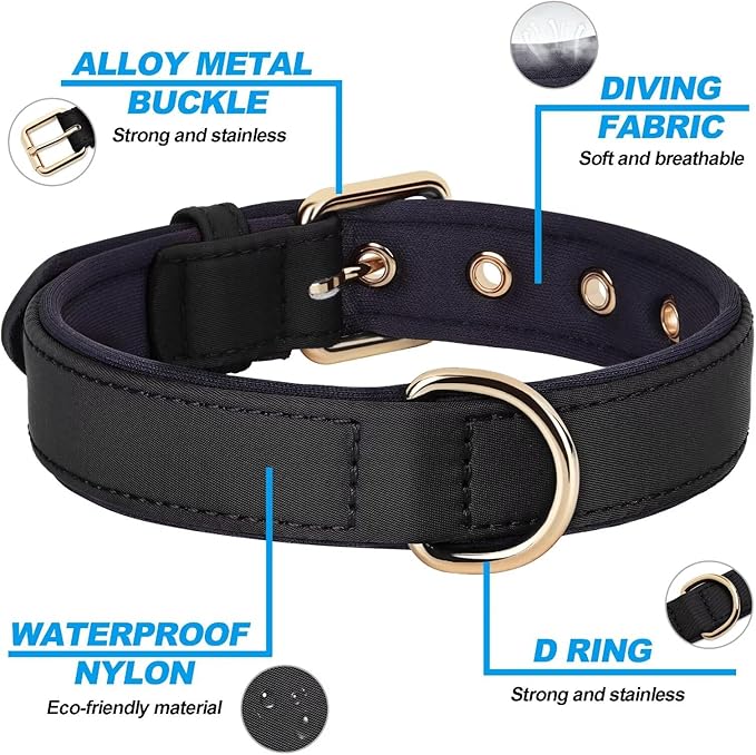 Didog Soft Padded Dog Collars for Medium Dogs, Lightweight and Breathable Dog Collar Waterproof with Metal Buckle, Black, L