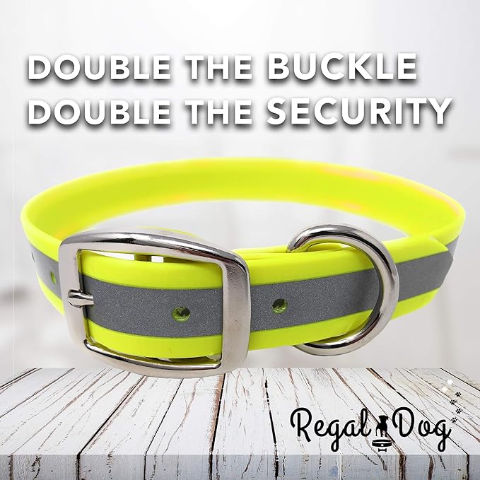 Regal Dog Products Large Yellow Heavy Duty Reflective Dog Collar with Durable Metal Buckle and D Ring Adjustable, Chew Proof & Waterproof Strong Small Dog Collar Other Sizes for Medium & Large Dogs