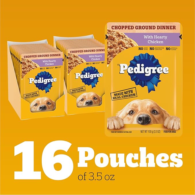 PEDIGREE CHOPPED GROUND DINNER Adult Soft Wet Dog Food With Hearty Chicken, 3.5 oz Pouches, 16 Pack